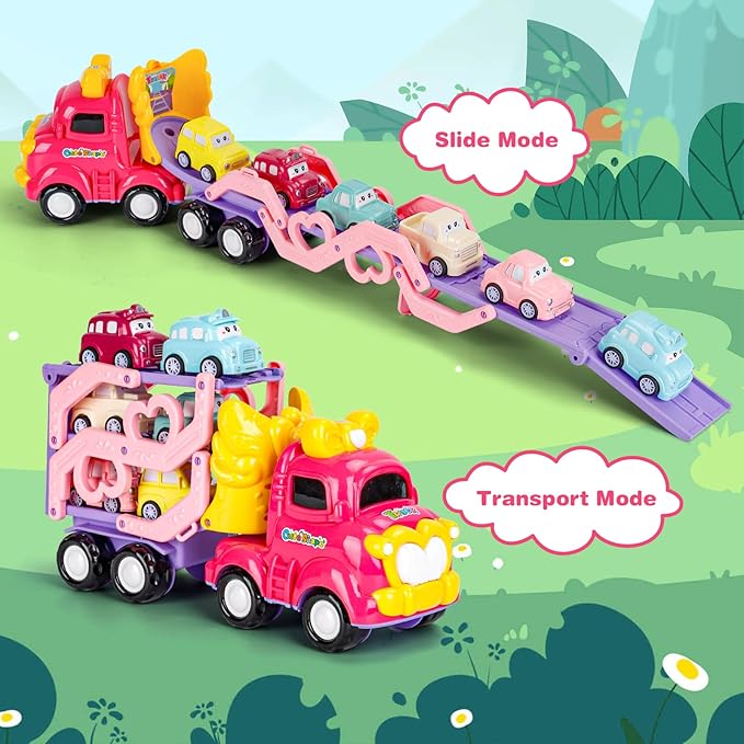 Car Toys for Toddler Girls 2, 3 Year Old, 7-in-1 Carrier Truck Toy with Light & Music, 3-Layer Transport Truck for 2 3 4 5 Girls, Preschool Educational Toys for 2 3 4 5 Year Old Girl