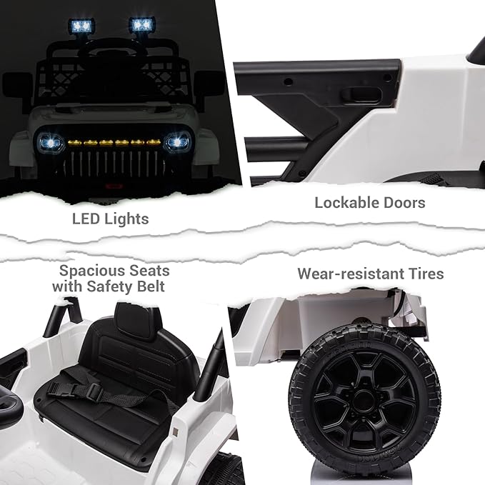 12V Ride On Car for Kids Electric Vehicle Toddlers Battery Powered Truck Car Toy with Remote Control, 4-Wheel Suspension, Battery Display, LED Lights, Music, for Boys Girls, White