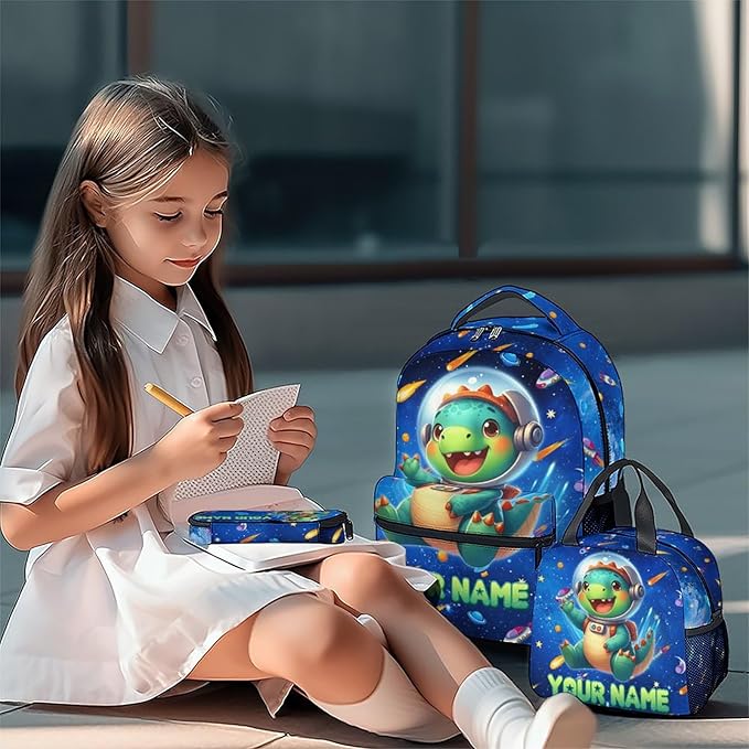 GiftoFLUX Boys Backpack- Personalized Dinosaur Backpacks with Lunch Bag - Custom Bookbag Set for Kids - Toddlers School Bag for Kindergarten/Preschool/Elementary(17 Inch)