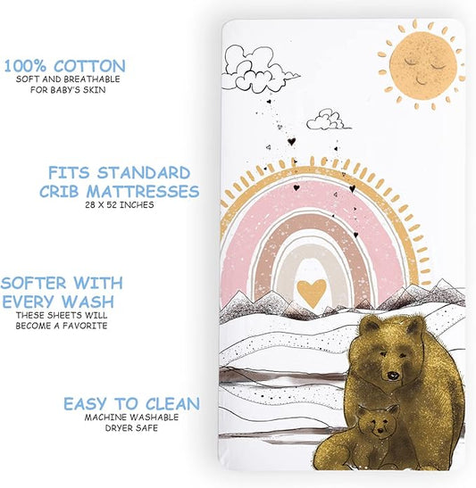 JumpOff Jo - Fitted Crib Sheet, Super Soft Breathable 100% Cotton Baby Crib Sheet for Standard Crib Mattresses and Toddler Beds, 28 in. x 52 in. - Rainbow Bears