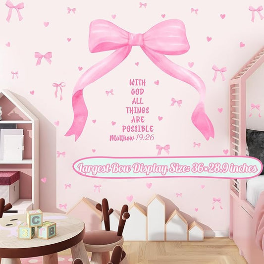 Large Watercolor Girls Room Wall Decals Pink Bow Wall Stickers Peel and Stick Pastel Pink Bow Decor for Baby Room Coquette Sticker Inspirational Quotes Vinyl Decal Art Mural for Nursery Kids Playroom