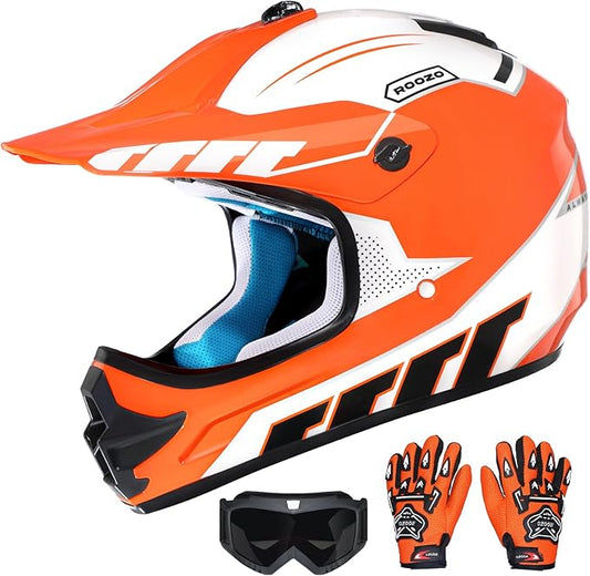 Youth Dirt Bike Helmet DOT Certified - Full Face Motorcycle Helmet for Off-Road, ATV, Street Riding, Includes Adjustable Goggles & Protective Gloves