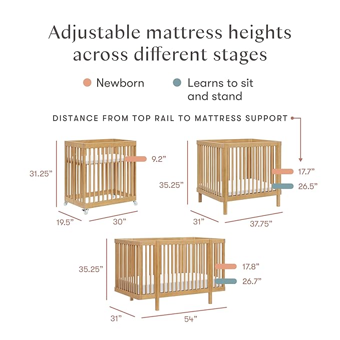 Babyletto Pogo 8-in-1 All Stages Convertible Crib - GREENGUARD Gold - Includes Pads & All Conversion Kits - Bassinet, Midi & Full-Size Baby Crib to Toddler Bed, Baby Bed - Portable & Adjustable, Honey