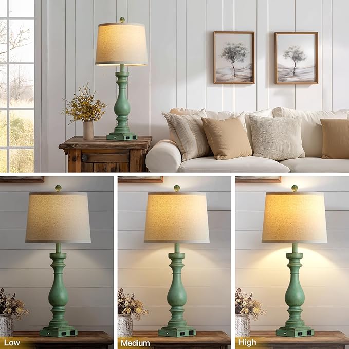 luxeflow 29" Tall Vintage Table Lamps Set of 2,Retro Green Bedside Lamps with USB C+A Ports & AC Outlet,3-Way Dimmable Touch Lamp for Night Stands Living Room Bedroom,Green