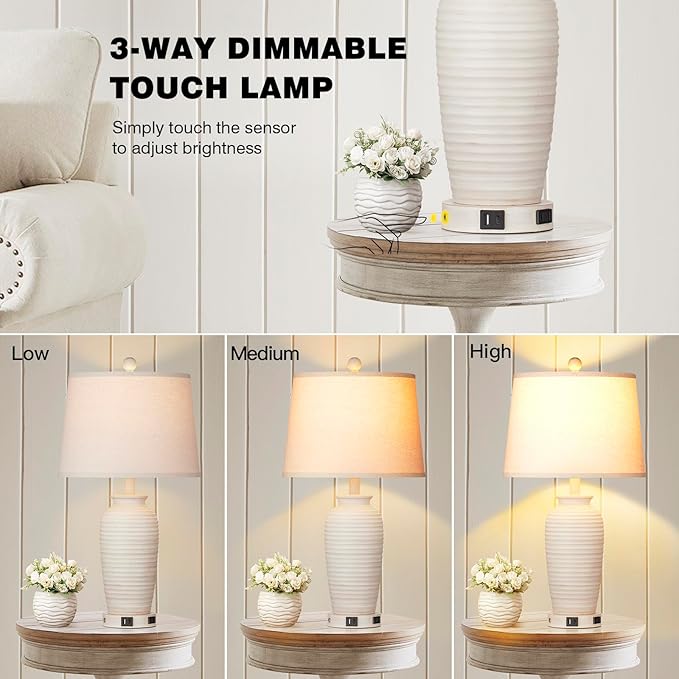 CINSARY 24.3" Farmhouse Jar Table Lamps Set of 2, 3 Way Touch Control Rustic Bedside Lamps with USB A+C Ports & AC Outlet, Pot Nightstand Lamps for Bedroom Living Room (LED Bulbs Included)