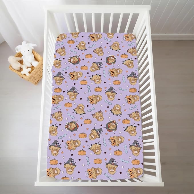 Highland Cow Halloween Baby Crib Sheets for Boy Girl Western Cowboy Fall Pumpkin Bats Soft Snug Fitted Crib Mattress Covers for 52''x28'' Standard Crib & Toddler Mattress Spooky Farm Animal Bed Sheet