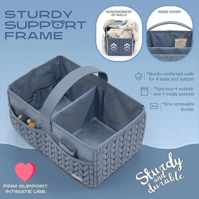 LUKJOJO Luxurious Baby Diaper Caddy, Nursery Storage Basket for Newborn Essentials, Travel Baby Basket for Diapers Baby Wipes, Organizer Tote Bag Storage Bin, Baby Shower Gifts(ash blue)