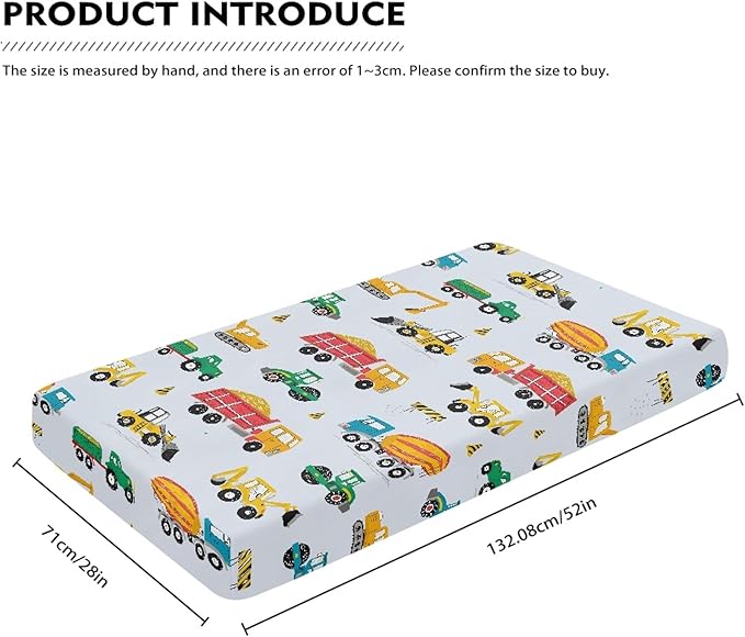 Construction Fitted Crib Sheet for Boys Girls Machinery Cement Truck Baby Sheet for Standard Crib and Toddler Excavator Dump Trucks Nursery Bed Mattress Sheets 28"x52"