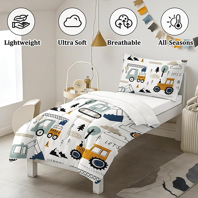 Toddler Bedding Set for Boys - 4-Piece Truck Bedding Comforter Set for Kids, Soft Comfort Construction Vehicle Bedding Includes Flat Sheet, Fitted Sheet, Comforter, Pillowcase