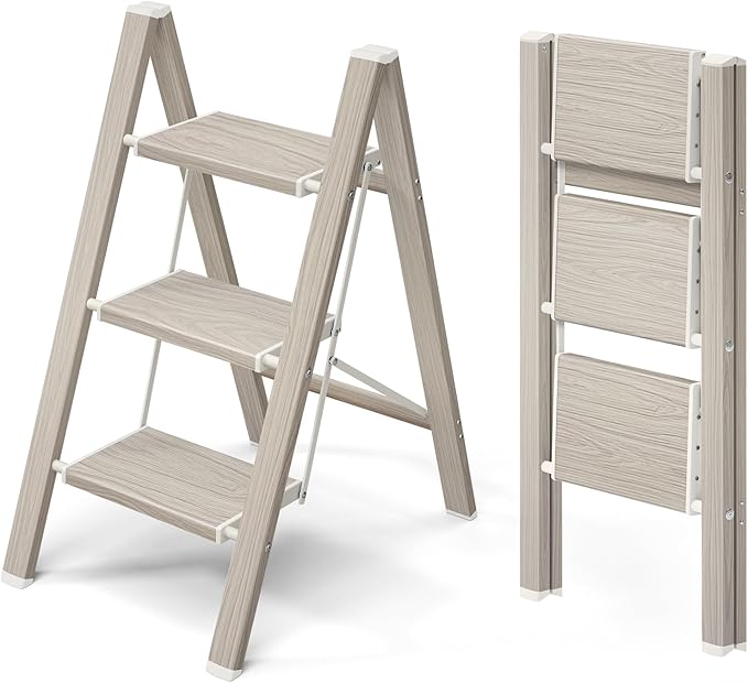 Mayi Plus 3 Step Ladder,Aluminum Folding Step Stool for Adults,Step Ladder with Wide Anti-Slip Pedal,330 lbs Capacity for Home,Kitchen,Library,Office(Fir Woodgrain)