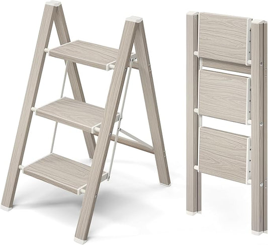 Mayi Plus 3 Step Ladder,Aluminum Folding Step Stool for Adults,Step Ladder with Wide Anti-Slip Pedal,330 lbs Capacity for Home,Kitchen,Library,Office(Fir Woodgrain)