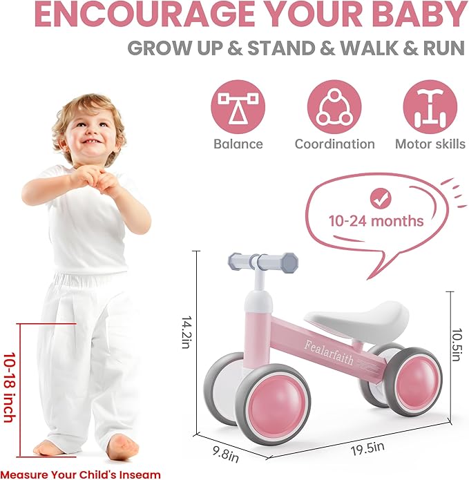 Baby Balance Bike for 1 Year Old Boys Girls, Toddler First Bike with 4 Colorful Lighting Wheels | 12-24 Month Toddler Balance Bike | First Birthday Gifts (Baby Pink)