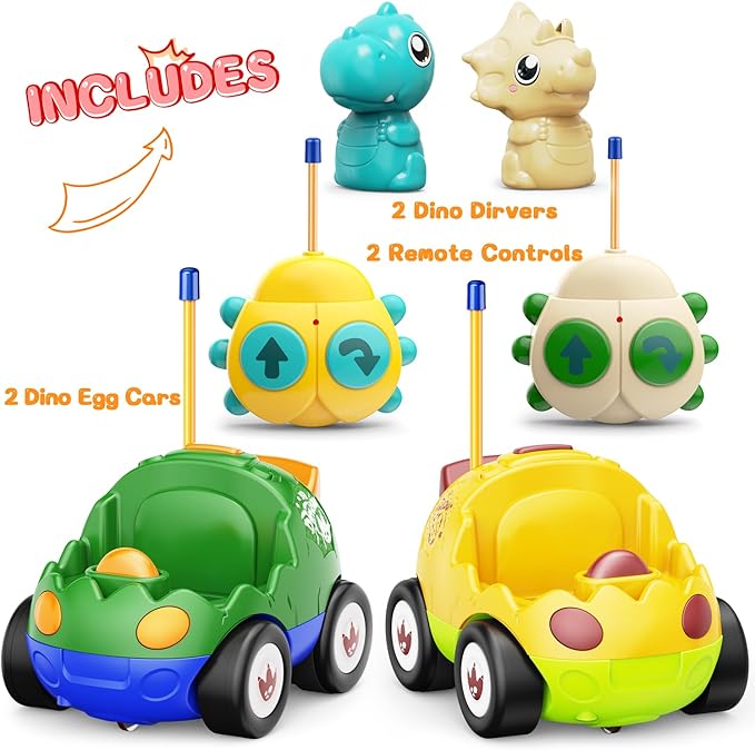 2 Pack Dinosaur Remote Control Cars for Toddlers 2 3 4 5 Years Old - Birthday Gift Ideas for Boys Ages 2-5, Kids Dino Toys RC Vehicle with Lights and Music for Family Fun(Yellow Green)