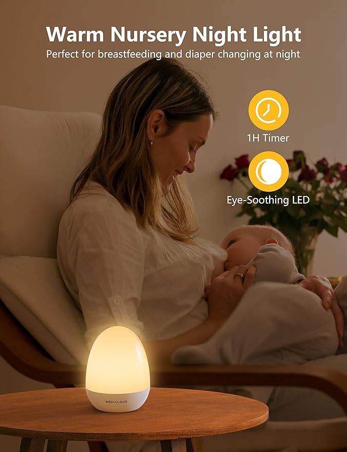 MediAcous Night Light for Kids, Baby Night Light with Stable Charging Pad, Dimmable Kids Night Light with 1H Timer & Touch Control, ABS+PC LED Egg Lamps for Breastfeeding, Up to 200H