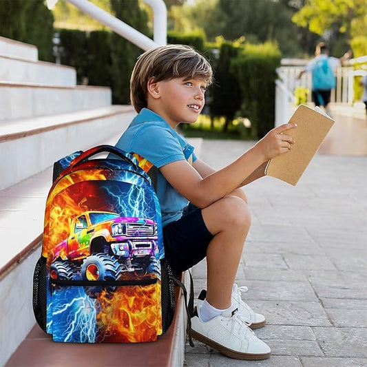 Boys Truck Backpack, Car Backpack for Kids Teens School Kindergarten Primary Middle Senior, 17 Inch Custom Large Capacity Cool Bookbag for School Travel Work