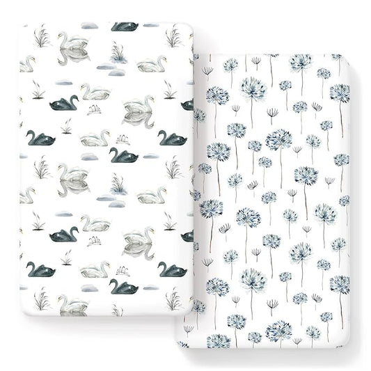 Stretch Ultra Soft Jersey Knit Fitted Crib Sheets Set 2 Pack, Fits All Standard Crib Mattress Pads Safe and Snug, Crib Fitted Sheet for Baby, Pretty Swan/Watercolor Dandelion for Baby