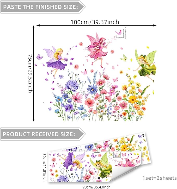 CharmFlo Fairy Wall Decals Wildflower Butterfly Wall Stickers Removable Vinyl Wall Art DIY Florals Peel and Stick for Girls Bedroom Living Room Kids Room Baby Nursery Wall Decor