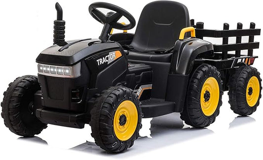 TOBBI Kids Electric Ride On Toy Tractor, Toddlers 12V Battery-Powered Car to Drive, 35W Dual Motor 6-Wheels Trailer Vehicle with 3-Speeds/LED & Horn Functions for Chirdren Aged 3-6-Black