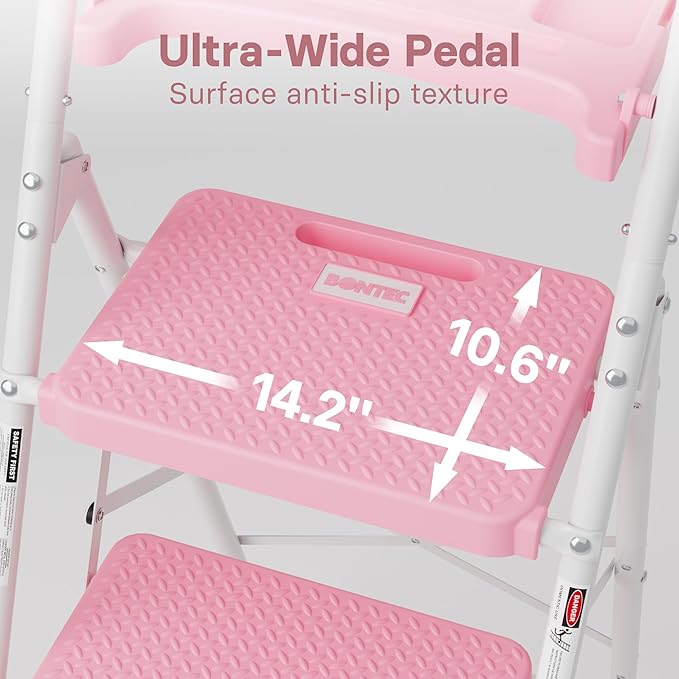 BONTEC 4-Step Ladder, 400lbs Max Load, Folding Step Stool with Tool Tray, Anti-Slip Pedals, Sturdy Steel, Lightweight Portable Ladder with Handrail for Home & Work Use, Pink