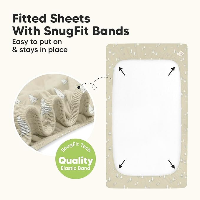 2-Pack Waterproof Baby Crib Sheets for Boys, Girls - 52x28 Viscose Derived from Bamboo Toddler Bed Sheet Neutral, Fitted Crib Mattress Protector Cover for Baby Bedding, Soft & Gentle (Pine Grove)