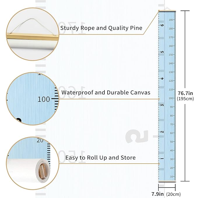 Nustila Growth Chart for Kids Measuring Height Chart and Kids Decor Meaningful Memories Through Kid Measurement Blue Growth Chart Ruler Wall Decor for Playroom Bedroom 79 in X 7.9 in