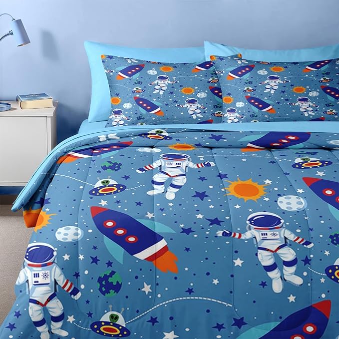 Nesker 4 Pcs Comforter Set Toddler Size, Space Moon Astronaut Bedding for Kids Teen, Cartoon Science Galaxy Bed Sheet with Pillowcase & Sham