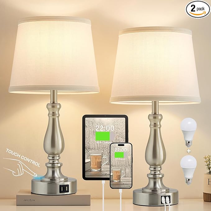 EJIAXIN Table Lamps for Bedrooms Set of 2 - Touch Bedside Lamps with USB C+A Ports,Dimmable White Nightstand Lamps for End Tables, Farmhouse Night Stand Lamps for Living Room Bed Side Guest Room