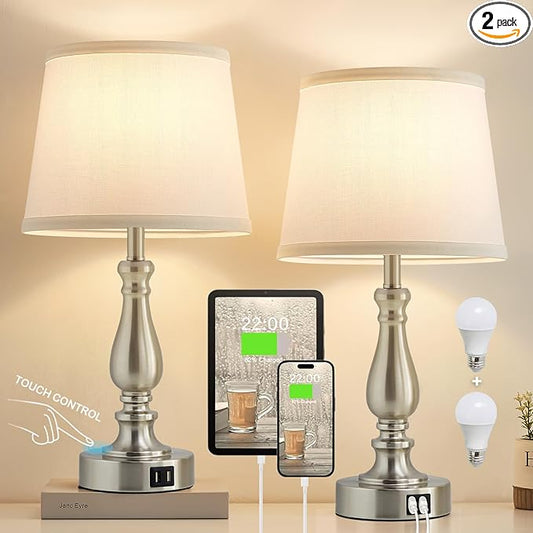 EJIAXIN Table Lamps for Bedrooms Set of 2 - Touch Bedside Lamps with USB C+A Ports,Dimmable White Nightstand Lamps for End Tables, Farmhouse Night Stand Lamps for Living Room Bed Side Guest Room