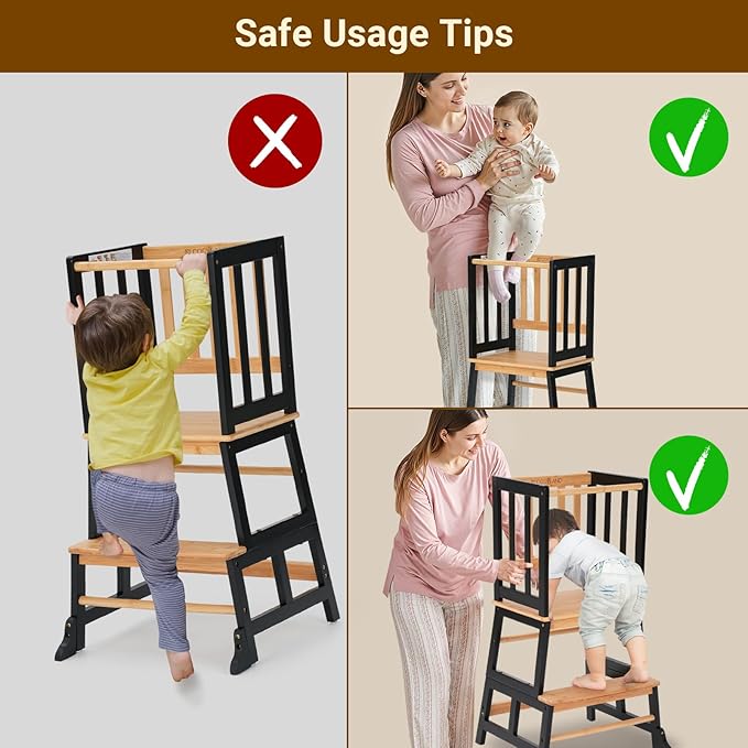 COSYLAND Kids Kitchen Step Stool Helper - Wooden Standing Tower for Kids with Anti-Tip Support Legs (Black & Natural)