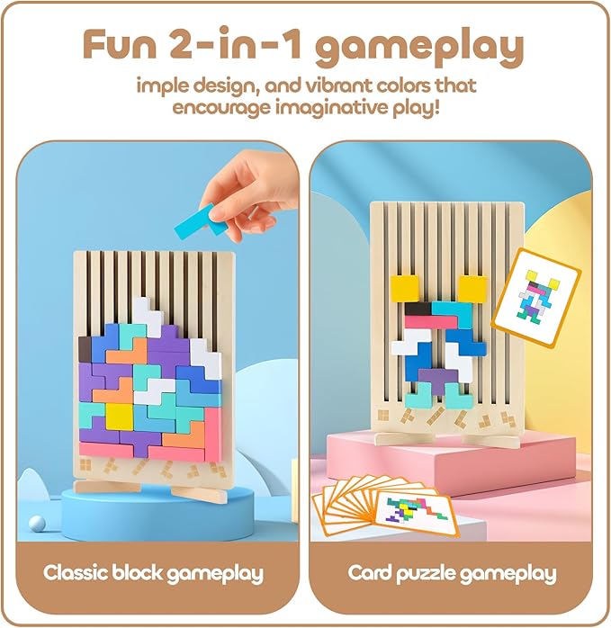 Wooden Montessori Russian Blocks Puzzle, 3D Stacking Brain Teaser Toy, Colorful Block Jigsaw Board Game, Educational Wooden Puzzle for Toddlers and Kids Ages 3–6, Learning Gift for Boys & Girls
