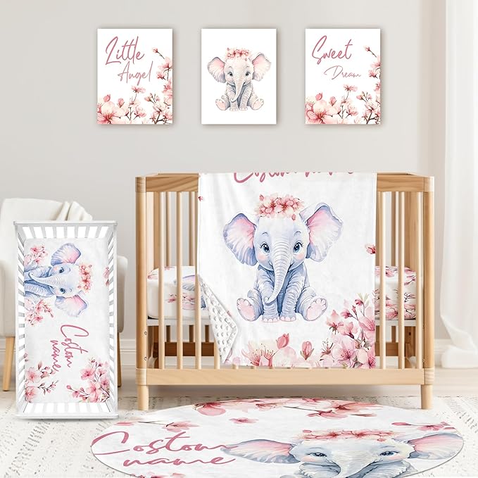 Personalized Baby Crib Bedding Set: 4 Piece Custom Pink Flower Elephant Crib Bed Set with Name, Nursery Bedding Set for Baby Girls, Newborn Boys Crib Sets, Crib Bedding Custom Gift, Crib Sheet