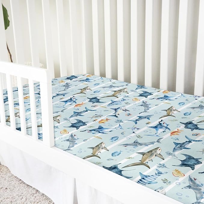 Blue Sharks Baby Crib Sheets 52''x28'' Sea Animals Sharks Stripes Snug Fitted Crib Mattress Cover for Boy Girl Ocean Fishes Corals Nautical Life Baby Bed Sheet for Standard Crib and Toddler Mattress
