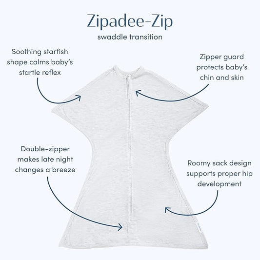 SleepingBaby Zipadee-Zip Transition Swaddle - Cozy Baby Swaddling Blanket with Zipper Convenience - Roomy Wearable Blanket for Easy Diaper Changes - 12-24 Month - Recharge Silver Heather
