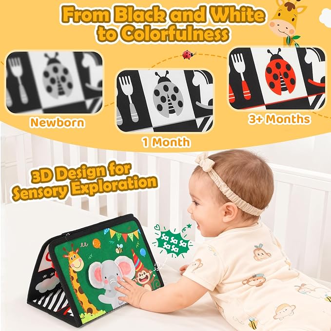 Tummy Time Toy - Black and White High Contrast Baby Toys for Newborn - Baby Visual Stimulation Mirror - Montessori Sensory Crinkle Toy for Infant 0-3-6-12 Months - Boy Girl Gift