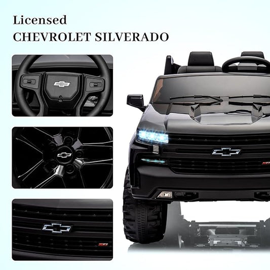 Hetoy 24V 2-Seater Truck Licensed Chevrolet Silverado Ride On Car Toy w/Parent Remote Control,4xSpring Suspension, 3 Speeds, Wireless Music, MP3 Player, Electric Vehicle Car for Kids, Black
