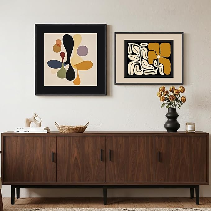 Framed Abstract Boho Bedroom Wall Art Set of 2, Neutral Black Floral Canvas Artwork for Walls, Mid Century Modern Design Art Paintings Prints for Living Room Bedroom Hallway Kitchen, 24x24 & 24x18 In