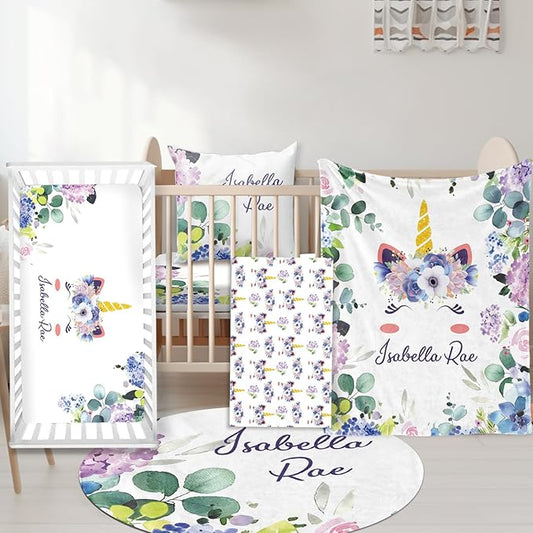Custom Nursery Crib Bedding Set: Personalized Nursery Decor Baby Blanket Fitted Crib Sheet Changing Pad Cover Baby Room Rug Horn Leaves Pattern Gift Idea(Fixed Size)
