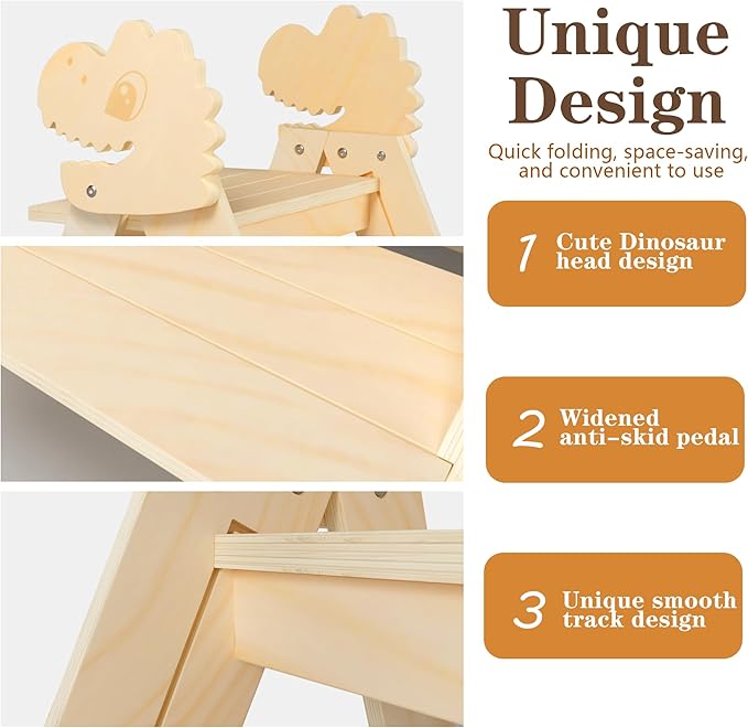TinyHaven Wooden Toddler Step Stool, 2-Step Foldable Stool for Kids with Non-Slip Surface, Baby Bathroom Stool for Potty Training, Bathroom Sink, Kitchen Counter with Cute Dinosaur Design, Natural