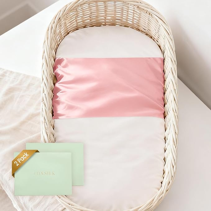 THXSILK 7A+ Grade 100% Mulberry Silk Baby Bassinet Sleeve for Girl Hairloss and Bald Spot, Breathable Soft Health Materials 22inch*20.5inch, Charming Pink 2 Pack