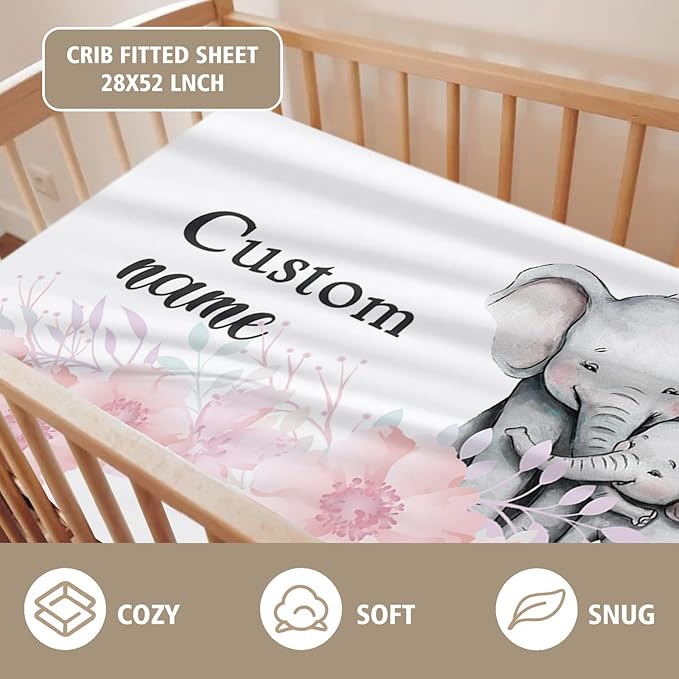 Custom Name Crib Bedding Set 3-Piece – Pink Elephant Design Baby Bedding Set with Personalized Soft Blanket, Fitted Sheet, Changing Pad Cover – Ideal Newborn Gift for Boys and Girls