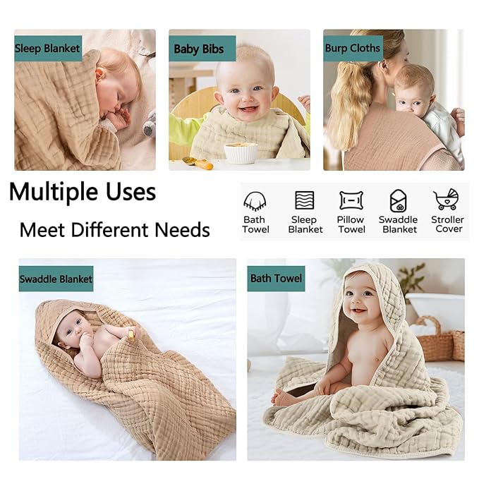 Hooded Baby Bath Towels for Newborn 2 Pack – 6-Layer 100% Muslin Cotton Baby Towels with Hood for Babies, Infants & Toddlers – Large 32x32 Inch Soft Absorbent Unisex Newborn Bath Essentials