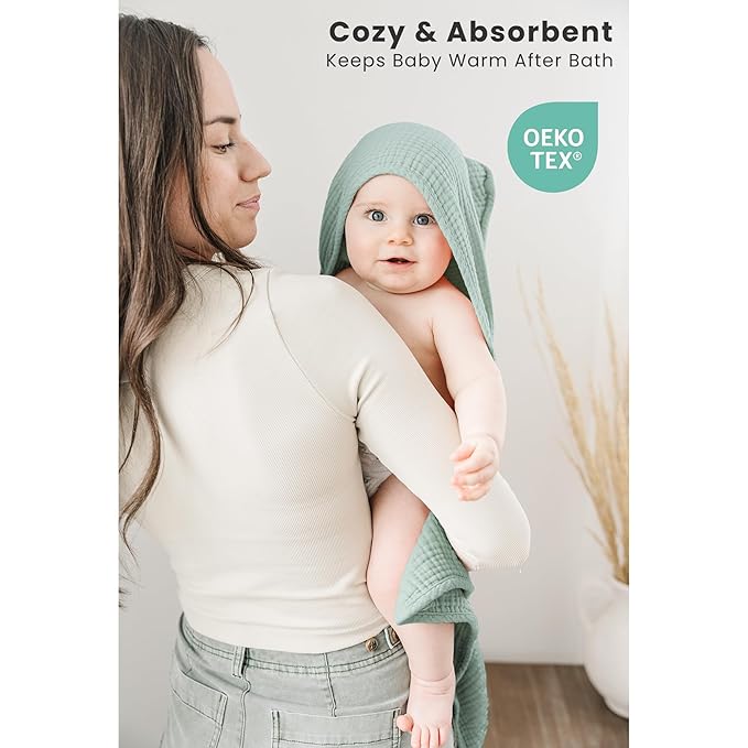 Konssy 2-Pack Muslin Hooded Baby Towels, 100% Cotton, Ultra-Soft & Absorbent Baby Bath Towels with Hood for Newborn & Infant (Green, Stripe, 32" x 32")
