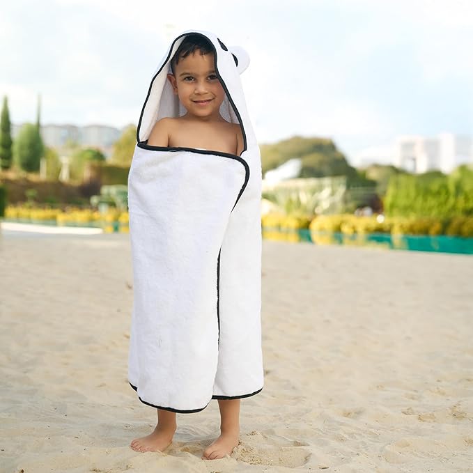 BAGNO MILANO Kids Organic Turkish Cotton Hooded Beach Cover-Up Towel, GOTS Certified, for Boys and Girls (Panda White, 24"x48"+8"/Hooded Towel)