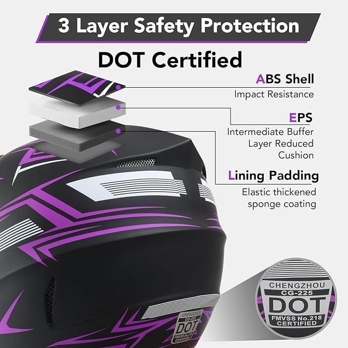 Youth Dirt Bike Helmet,Kids Motocross Full Face Helmets,Mountain Bike BMX MX ATV Girls Motorcycle Helmet for Kids 8-14 with(Goggles,Gloves,Mask) 4-Pcs Set,DOT Approved(Purple,M)