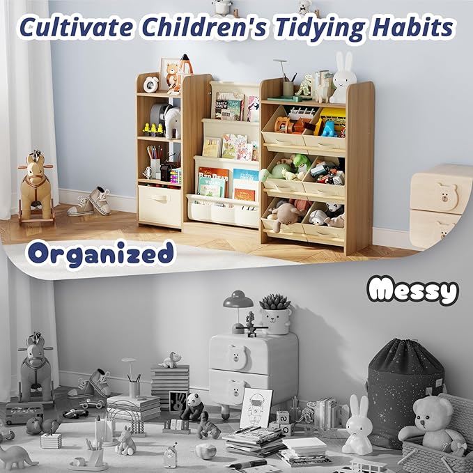 IKALIFE Kids Toy Book Storage Organizer - Large Bookshelf with 7 Removable Bins, Baby Bookshelf and Toy Storage, 4-Tier Book Shelf for Kids Room, Playroom, Classroom, 51 inch, Burlywood
