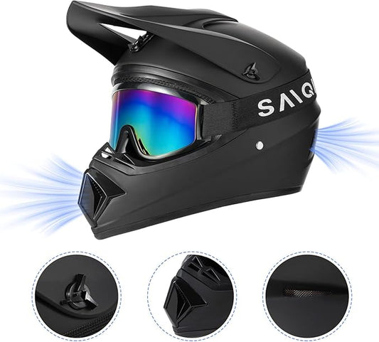 Youth Motorcycle Helmet (Goggles Gloves Face Shield) 4PCS Set, Unisex Dirt Bike Helmets Full Face Helmet, Mountain Bike Motocross Helmets, DOT Approved Helmets (Matte Black, Medium)