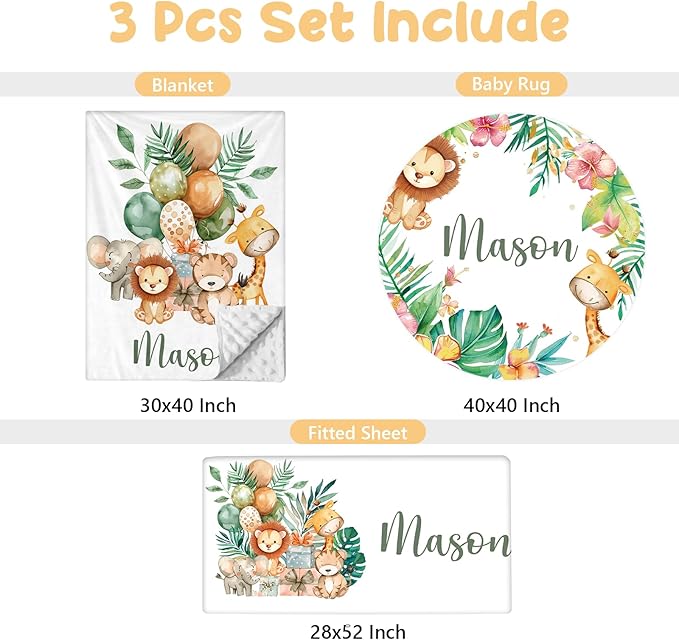 Custom Baby Crib Bedding Set - 3 Pcs Personalized Nursery Bedding Set with Name - Soft Double Layer Baby Crib Set for Girl Boy - Customized for Toddler Infant - Forest Animals