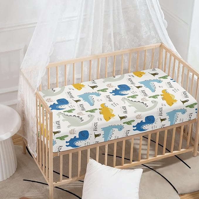 Dinosaur Group Fitted Crib Sheet Cactus and Dinosaur Baby Crib Sheet Fit Standard Crib and Toddler Mattress,Crib Mattress Sheets for Boys Girls 28"x52"