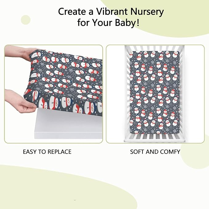 Christmas Theme Fitted Crib Sheet,Winter Snow Snowman Snowflakes Pattern,Portable Mini Crib Sheets Soft and Stretchy Fitted Crib Sheet - Great for Boy or Girl Room or Nursery,24“ x38“,Multicolor