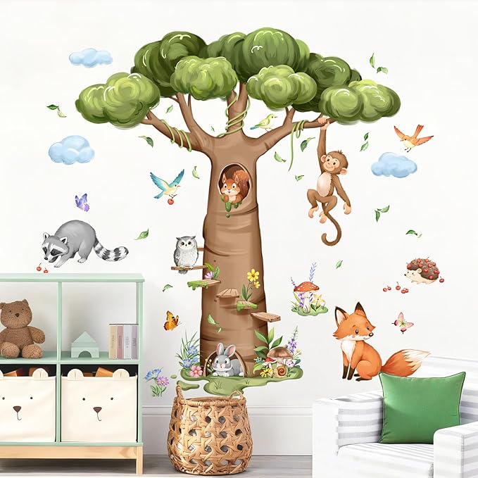 Tanlaby Woodland Animal Tree Wall Decals Rabbit Fox Monkey Baobab Tree Wall Stickers Peel and Stick Art Decor for Baby Nursery Kids Bedroom Toddler Room Decor, 38in H